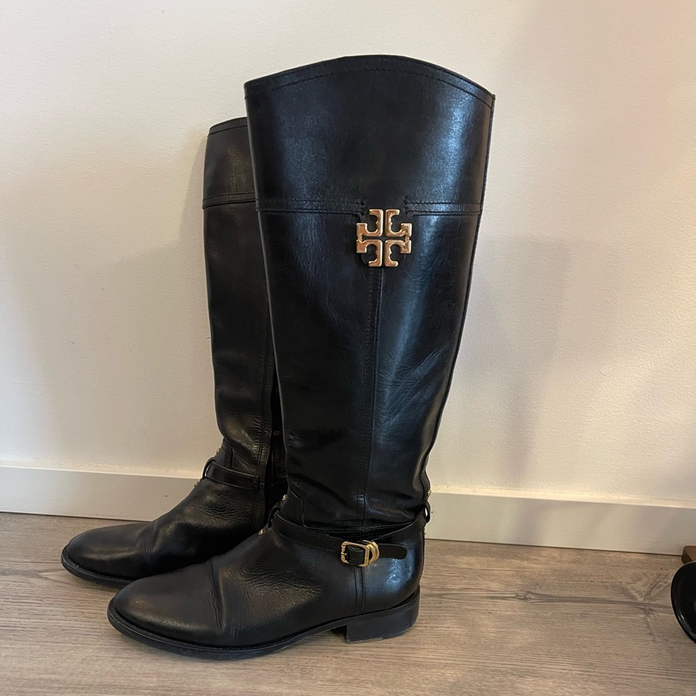 Tory Burch Black Leather Boots with Gold Accents